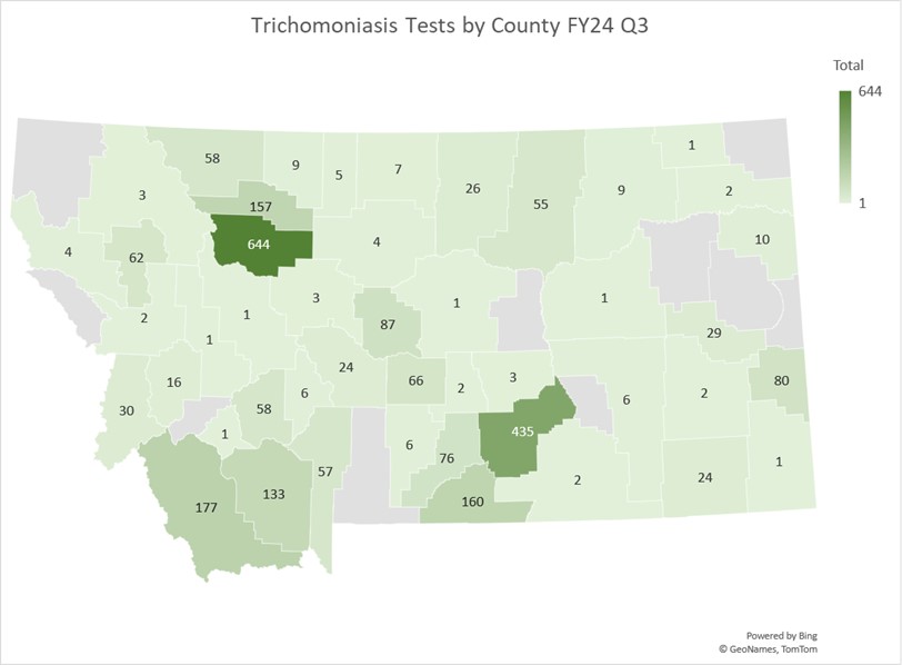 MT trichomoniasis testing by county FY24 Q3