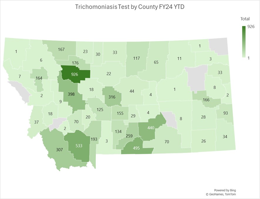 Trichomoniasis tests by county FY24 YTD