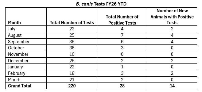Chart showing the number of tests and positive B. canis tests for FY26 YTD.