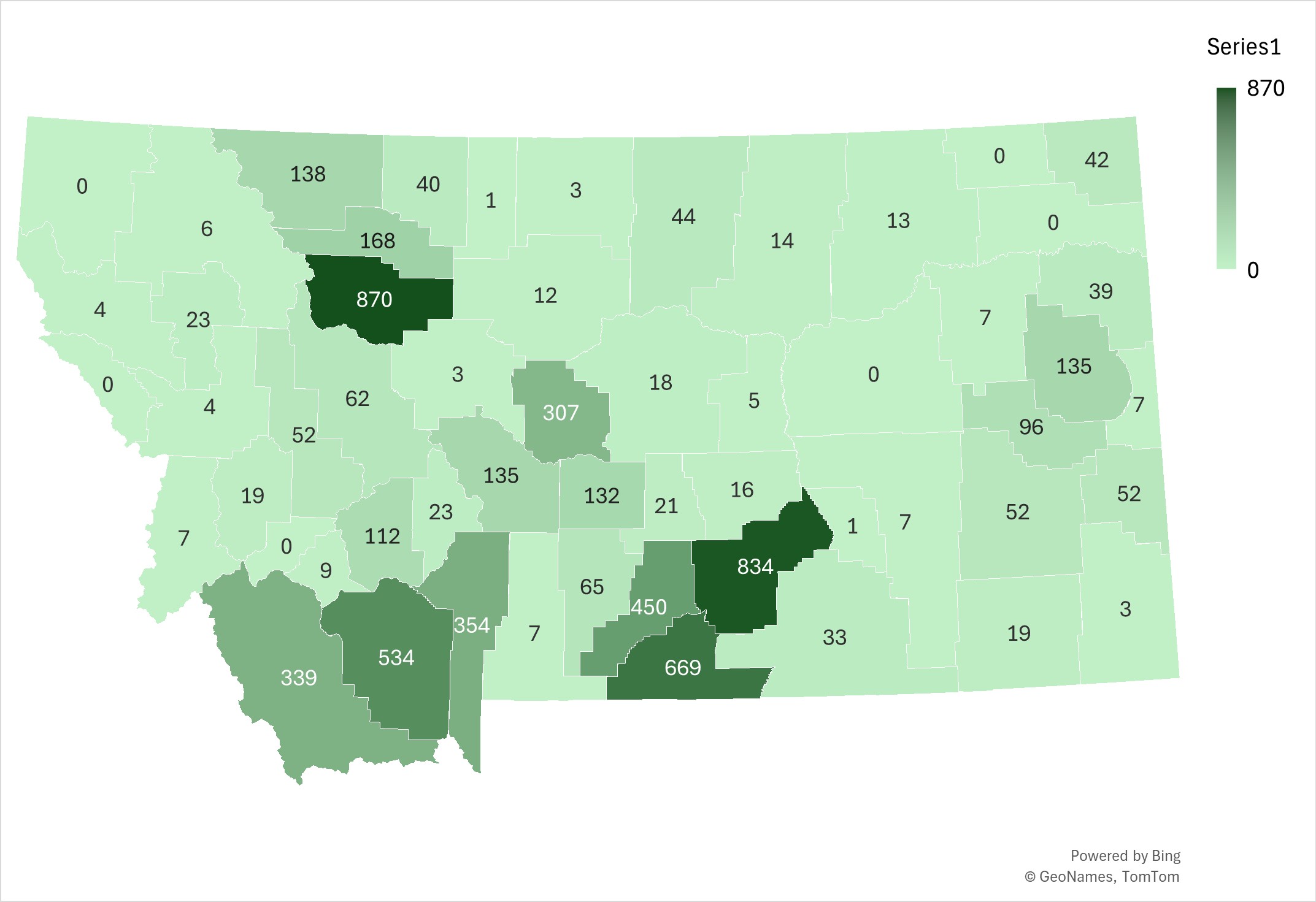 Map of Montana with the number of bovine trichomoniasis test by county year to date in FY26.